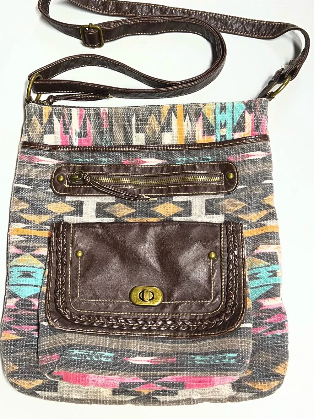 Maurices Boho Aztec Crossbody Bag Brown Faux Leather Geometric Purse